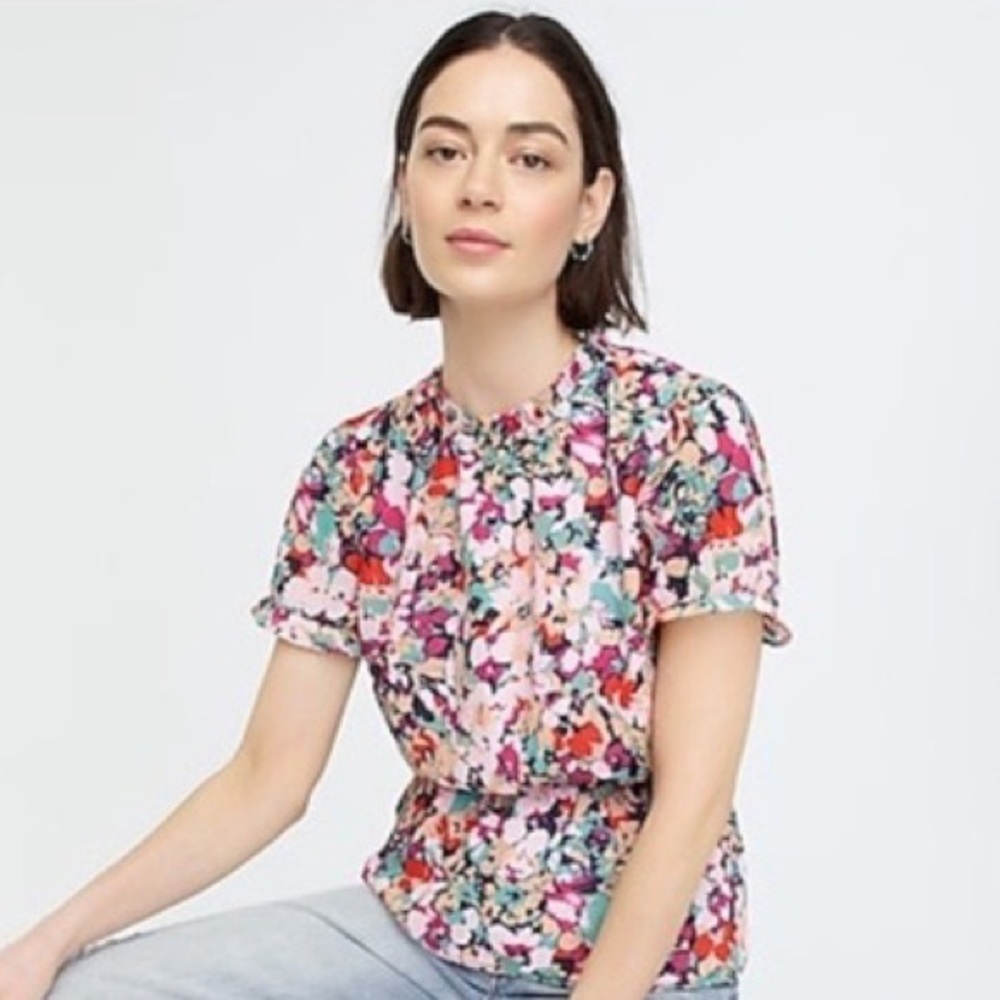 J. Crew Ruffle Neck Blouse Floral Chiffon Blouse - Size XSmall